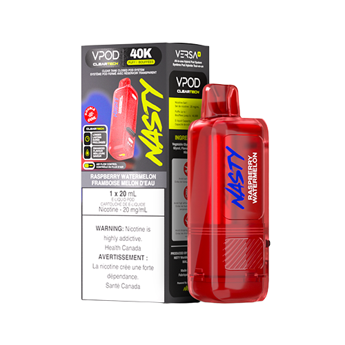 Raspberry Watermelon Nasty VPOD Versa X pod featuring a sweet blend of raspberry and watermelon for a bold, refreshing flavour, designed for the Versa X device with a crystal-clear 20 mL pod.