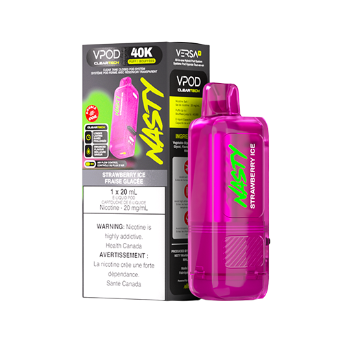 Strawberry Ice Nasty VPOD Versa X pod featuring sweet strawberry flavour with a cool icy finish, designed for the Versa X device with a crystal-clear 20 mL pod.