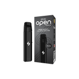 Black STLTH OPEN refillable pod vape kit with 1000mAh battery and adjustable airflow.