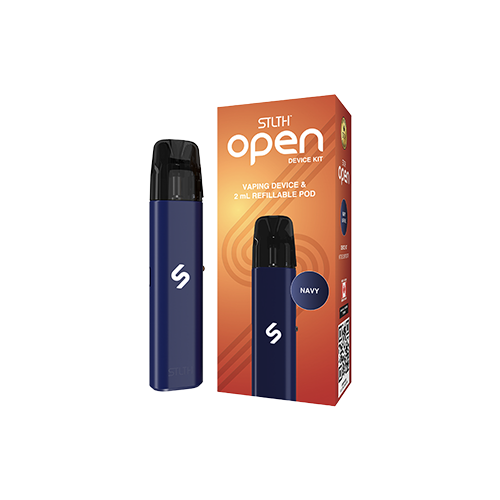 Navy Blue STLTH OPEN refillable pod vape kit with 1000mAh battery and adjustable airflow