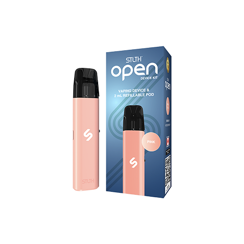 Pink STLTH OPEN refillable pod vape kit with 1000mAh battery and adjustable airflow