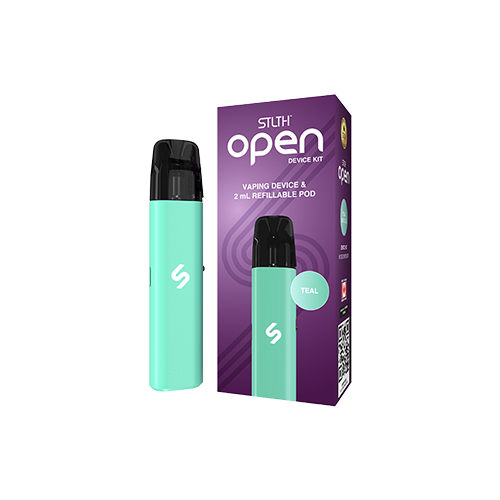 Teal STLTH OPEN refillable pod vape kit with 1000mAh battery and adjustable airflow