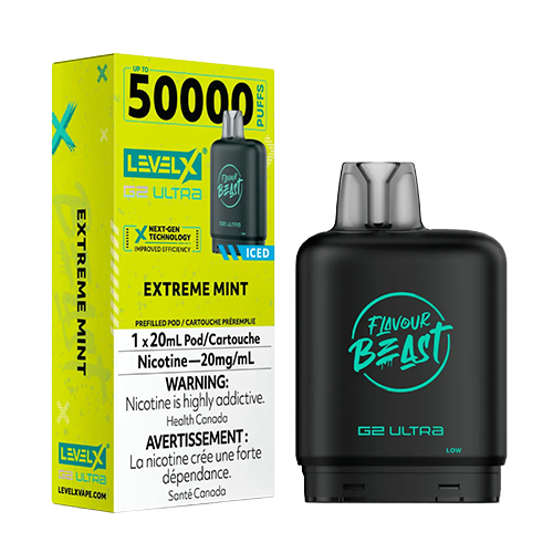 Level X G2 Ultra Pod Extreme Mint Ice Extreme Mint vape flavour featuring an intensely refreshing mint profile with an ultra-cooling icy finish.