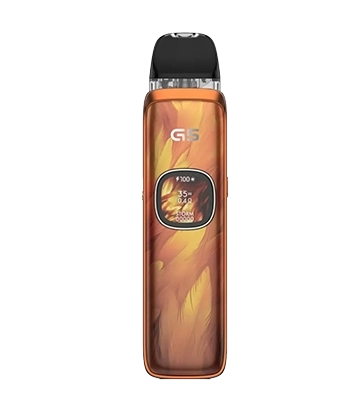 UWELL Caliburn G5 Orange Feathers pod kit with 1600mAh battery, HD display, and GPP Alpha pod technology.